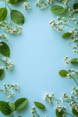 Wall Mural - minimalist floral frame with white flowers and green leaves on light blue background