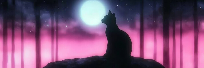 Canvas Print - Black cat silhouetted against a pink sky and full moon.