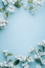 minimalist floral frame with white blossoms on blue background