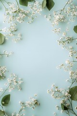 Wall Mural - minimalist floral frame with white flowers on blue background