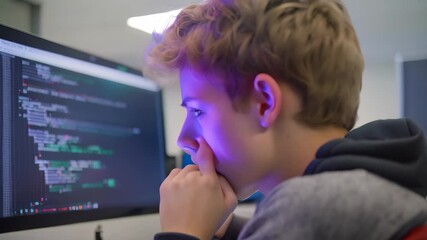 A young student focuses on his computer screen as he codes in a classroom, A student experimenting with coding on a computer, with lines of code and digital graphics on the screen
