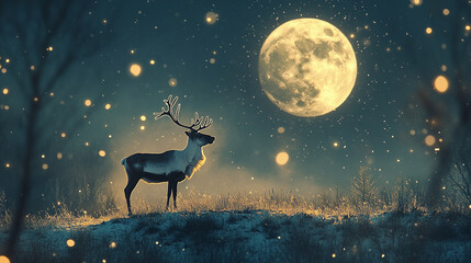 
A reindeer stands proudly on a grassy hill under the big full moon, its breath visible as a mist in the cold winter air.