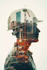 Wall Mural - A construction workers profile is creatively blended with bustling cityscape, showcasing crane and buildings. This artistic representation highlights connection between labor and urban development