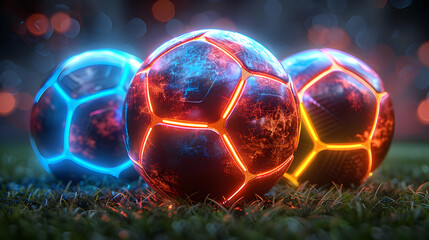 Wall Mural - Glowing Futuristic Soccer Balls on Grass - 3D Illustration