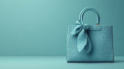 A silk scarf with polka dots, tied to a vintage handbag, bright storefront window lighting