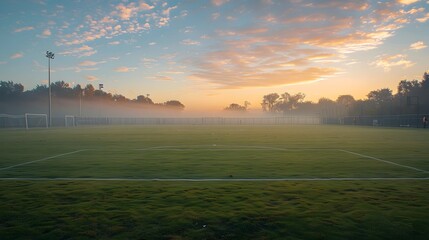 A serene foggy morning at a sports field, illuminated by a warm sunrise, creating a tranquil atmosphere perfect for outdoor activities.