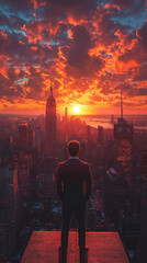 Wall Mural - Man in suit looking out over a city at sunset.