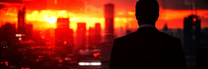 Poster - Silhouette of a man looking out at a fiery city sunset.