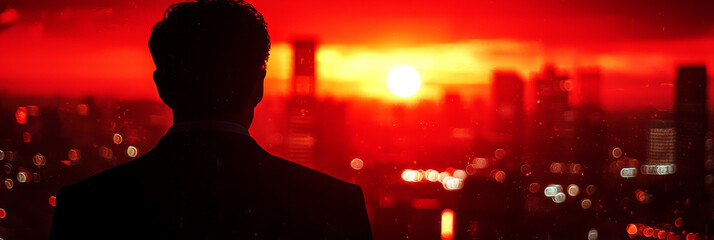 Sticker - Silhouette of a man looking at the city skyline during sunset.