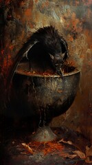 Wall Mural - Raven Drinking from a Golden Bowl: A Dark and Mystical Painting