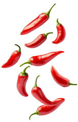 Wall Mural - Falling red hot chilli peppers on white background, isolated, high quality photo, clipping path