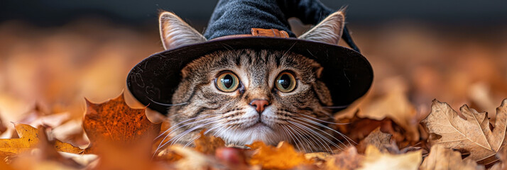 Wall Mural - A cute tabby cat wearing a witch's hat looks up from a pile of fall leaves.