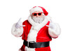 © deagreez - Portrait of his he funky confident content fat overweight plump gray-haired bearded man St Saint Nicholas having fun showing horn sign symbol isolated over bright vivid shine red background