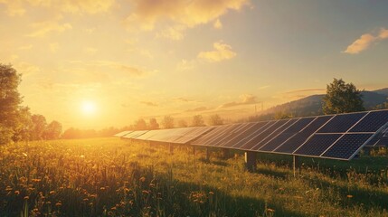 Wall Mural - A solar farm under a bright sun, with panels reflecting light, symbolizing renewable energy solutions to address the challenges posed by global warming