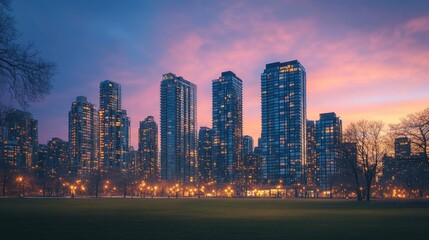 Wall Mural - a cityscape at twilight, with modern buildings lit up against a darkening sky, creating a peaceful urban scene