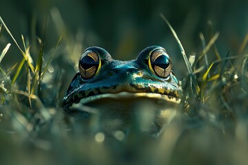 Wall Mural - Close-up of a Green Frog's Face in Grass