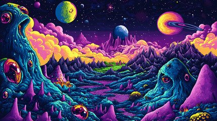 colorful cosmos with pop art and graffiti elements, featuring surreal landscapes and fantastical cre