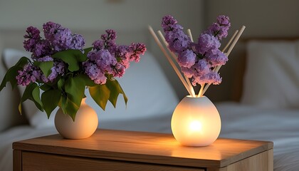 Wall Mural - Soothing home ambiance with an ultrasonic diffuser and lilac branches on a rustic wooden nightstand