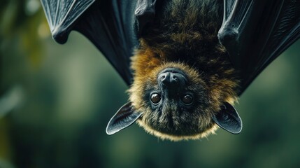 Wall Mural - Close-up of a bat hanging upside down, leathery wings folded, dark shadowy background