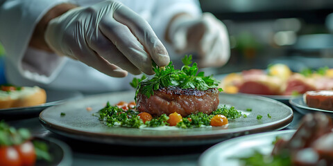 This painting depicts a professional chef in white gloves meticulously garnishing a grilled meat dish with green herbs on an elegant plate. 