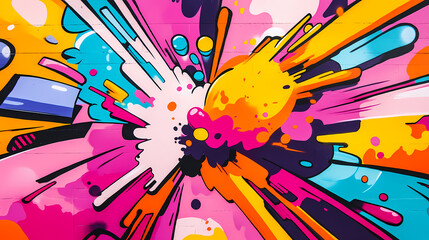 Wall Mural - Colorful pop art abstract graffiti mural with dynamic blasts and splashes in a vibrant backdrop. Graffiti Pop. Illustration