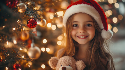 A young girl wearing a Santa hat smiles brightly while holding a teddy bear, surrounded by a beautifully lit Christmas tree and festive decorations