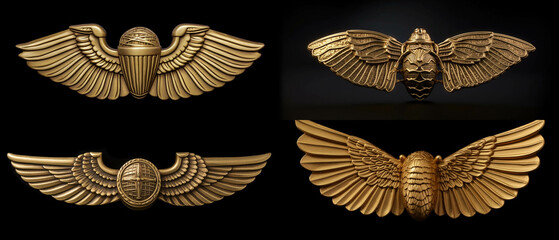 Four gold wings with a bug on the right