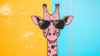 Wall Mural - Cool giraffe wearing sunglasses against a colorful wall.