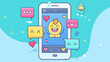 © sommersby - A joyful cartoon figure with hearts celebrates receiving likes and comments on a smartphone, surrounded by vibrant speech bubbles in a playful setting