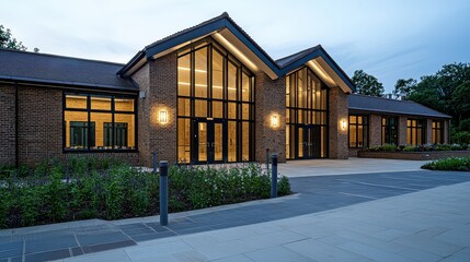 Wall Mural - A large brick building with a lot of windows and a large front door. The building is lit up at night