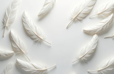 There is a beautiful pattern of white feathers displayed on a white background