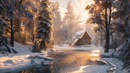 Sticker - Snowy Cabin by the River