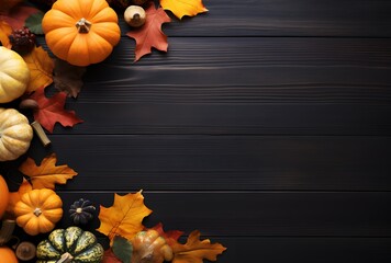 Wall Mural - autumnal background with pumpkins and leaves