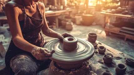 Woman teaching pottery, clay spinning on a wheel, warm lighting in a workshop setting