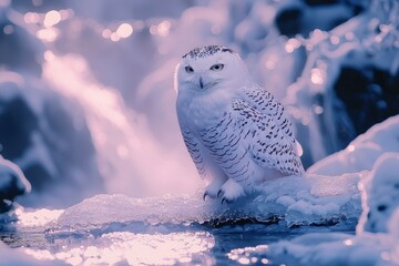 Wall Mural - Snowy Owl Perched on Icy Shelf with Water Below