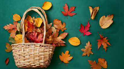 Wall Mural - Autumn composition. Straw bag with autumn dried leaves on green background. Flat lay. Top view. Copy space. Fall season concept. Sustainable lifestyle. Zero waste, plastic free concept.