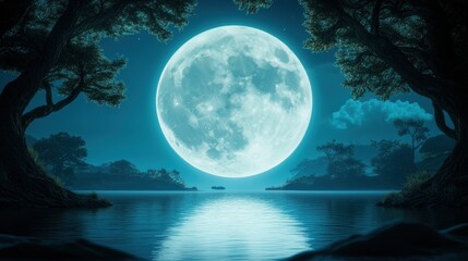 A luminous, ethereal moon casting an otherworldly glow over a serene, mystical lake, surrounded by ancient trees.