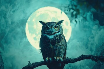 Wall Mural - A Great Horned Owl Perched on a Branch Under a Full Moon