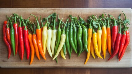 A vibrant assortment of fresh chili peppers arranged on a wooden cutting board, showcasing their various colors and shapes, perfect for highlighting Thai cuisine