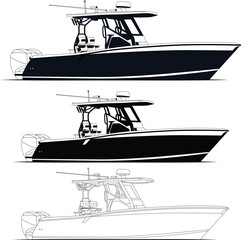 Wall Mural - High-quality line drawing vector fishing boat. Black, white, and color illustration.