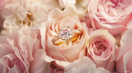 Wall Mural - diamond engagement ring in pink roses