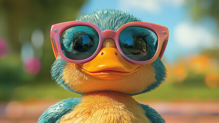 Sticker - Cute cartoon bird wearing pink sunglasses.