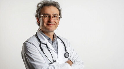 Portrait of confident senior medical doctor on white background and copyspace