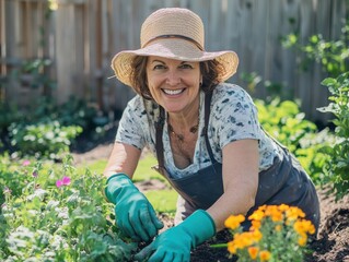 A joyful gardener tending to her vibrant flower beds, showcasing the beauty and serenity of gardening in a sunny backyard.