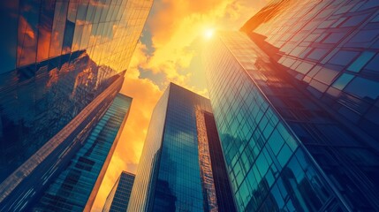 Poster - A vibrant city skyline with skyscrapers and corporate buildings, symbolizing the dynamic and fast-paced world of business and finance