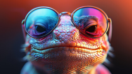 Sticker - A close-up of a lizard wearing round sunglasses.