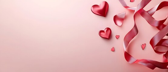 Romantic Pink Background with Red Ribbon Hearts