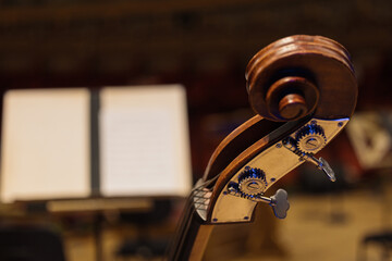 Close up view of a contrabass bass viol on a concert stage with musical score in blurred background. classical music concert