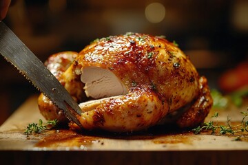 Roasted Chicken Being Carved on Wooden Cutting Board