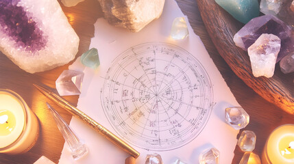 Astrological chart surrounded by crystals, candles, and gemstones on a wooden surface, symbolizing spirituality, mysticism, and self-discovery